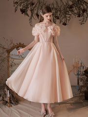 Elegant Pink Tulle Off-Shoulder Tea-Length Prom Dress with Lace Up Back