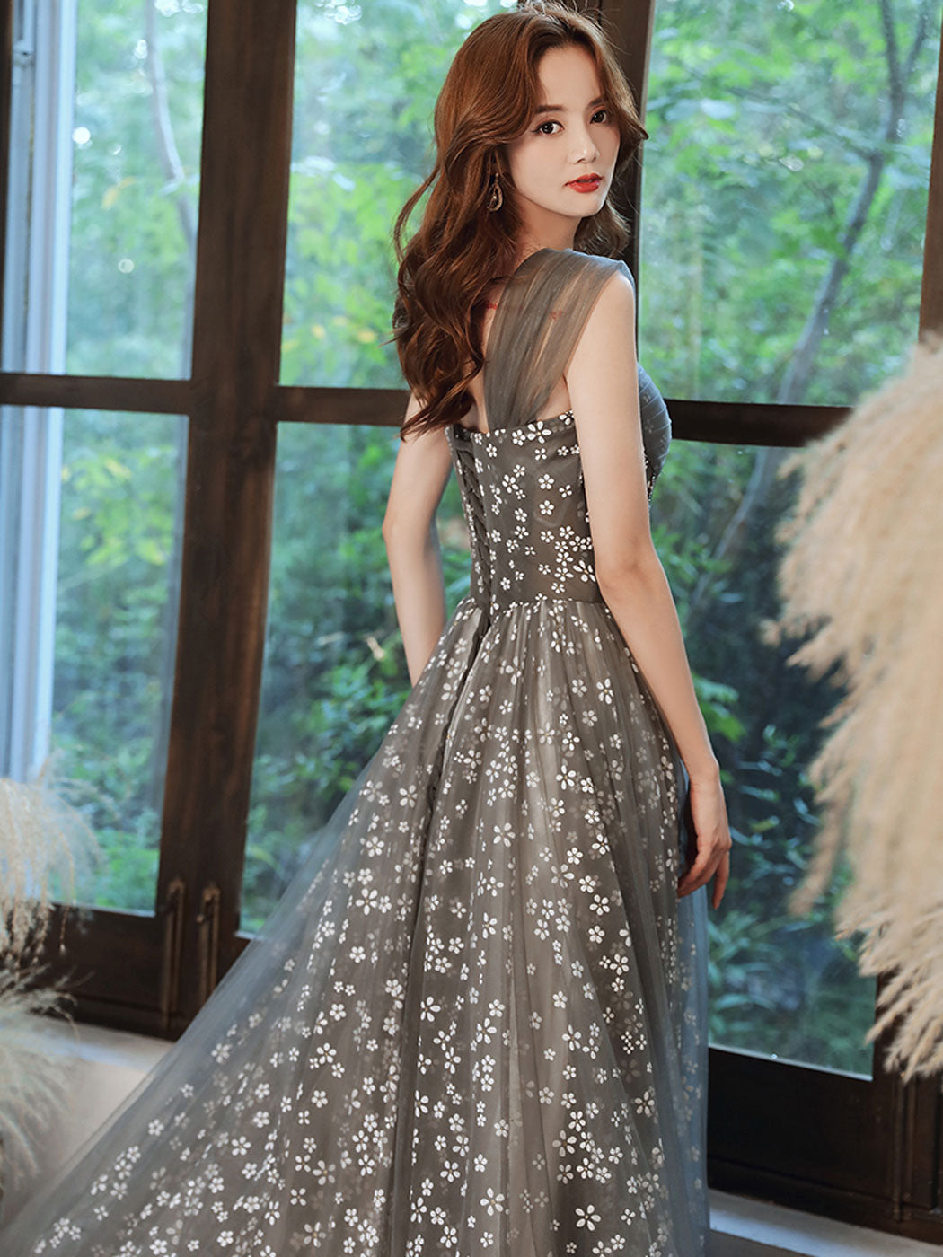 Elegant Gray A-Line Tulle Beaded Floor-Length Prom Dress with Lace-Up Back