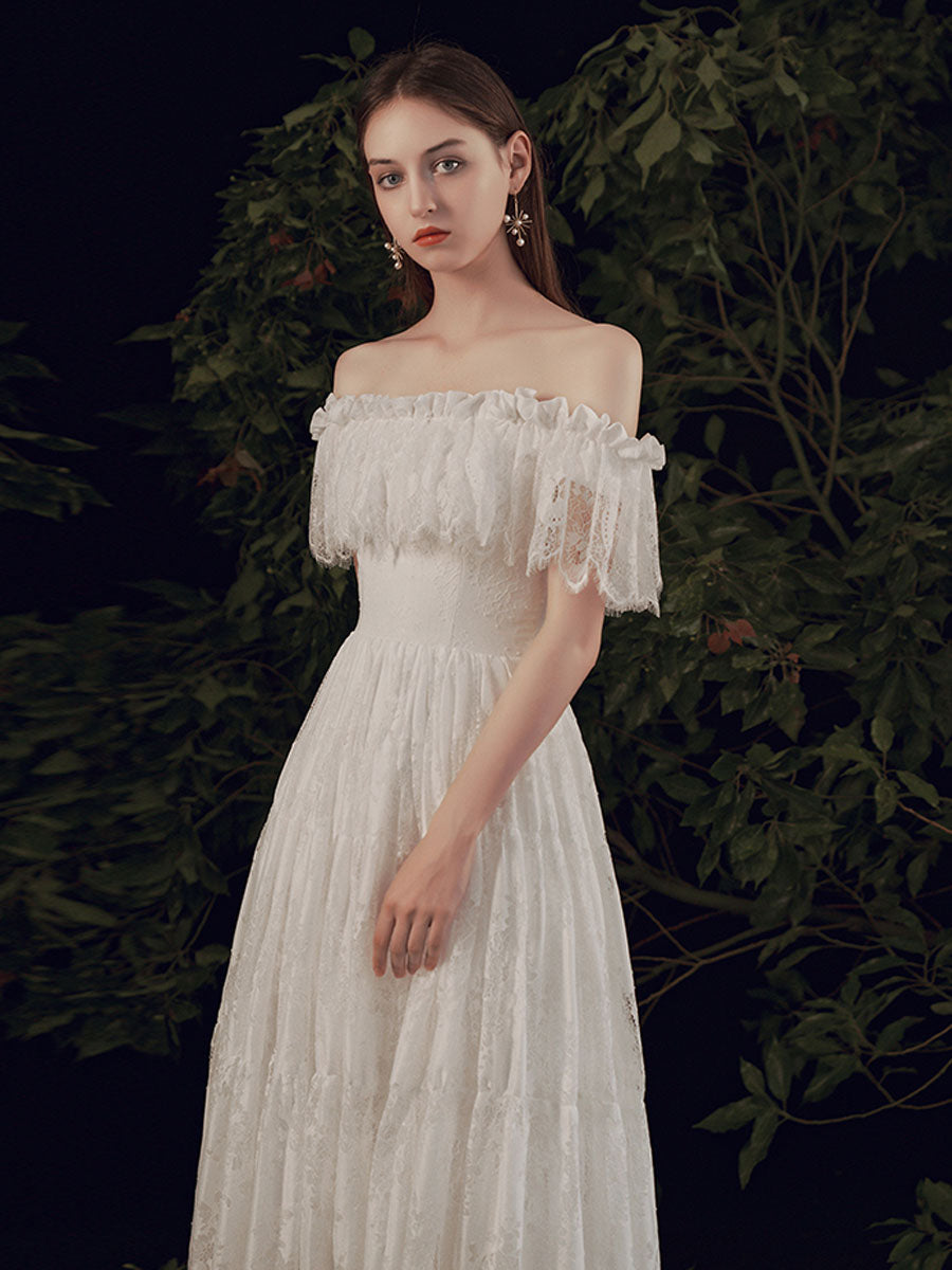 Elegant Ivory Lace Floor-Length Prom Dress with Off-The-Shoulder Silhouette A-Line Built-In Bra