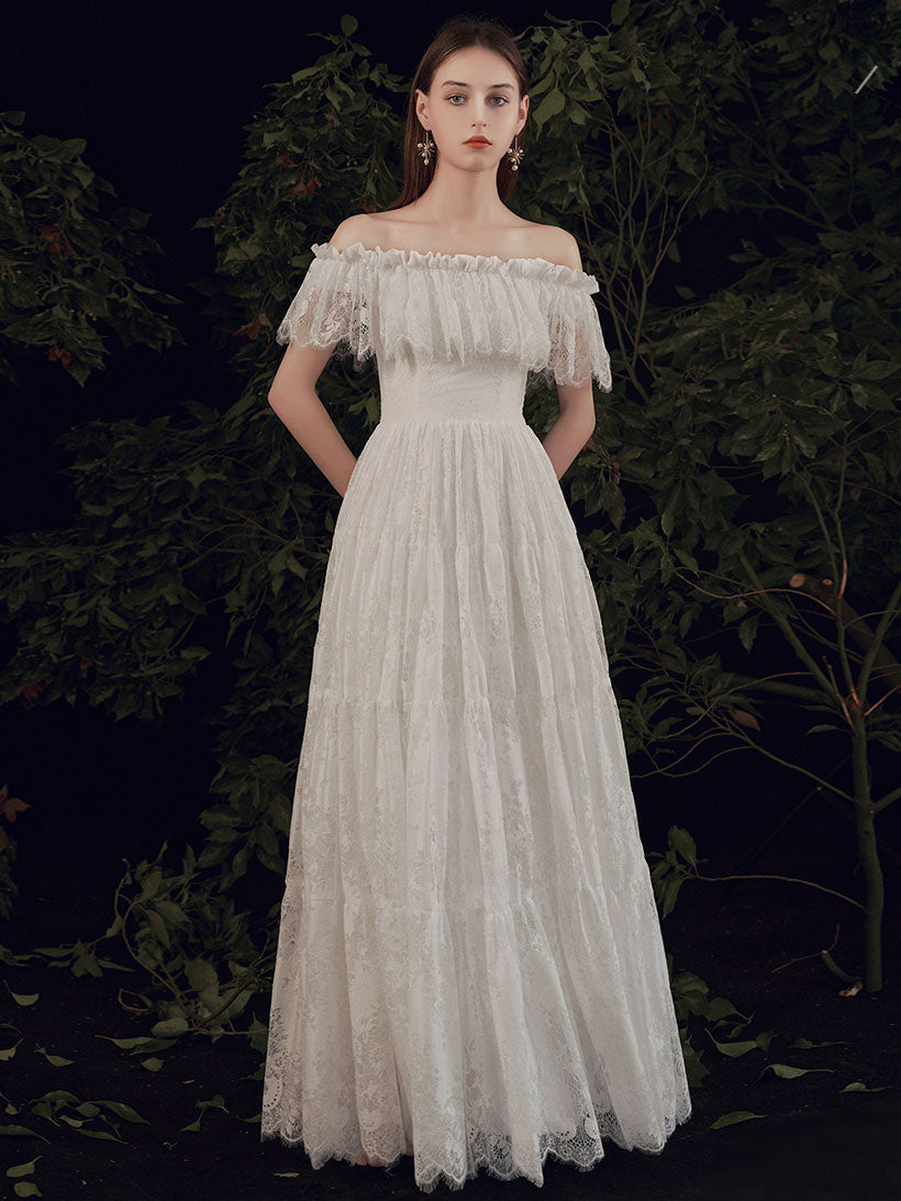 Elegant Ivory Lace Floor-Length Prom Dress with Off-The-Shoulder Silhouette A-Line Built-In Bra