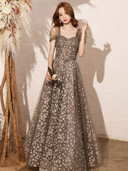 Elegant Gray A-Line Tulle Beaded Floor-Length Prom Dress with Lace-Up Back