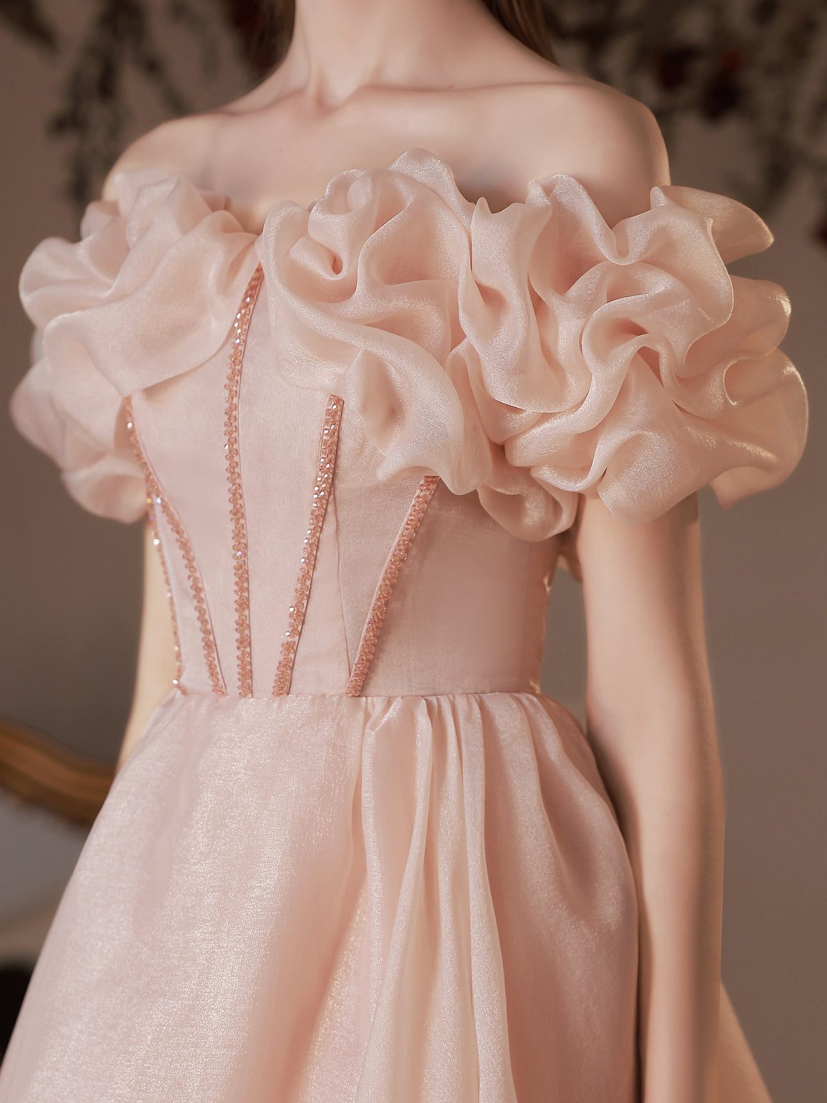 Elegant Pink Tulle Off-Shoulder Tea-Length Prom Dress with Lace Up Back