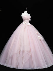 Pink Tulle Lace Applique Long Prom Dress Sweet Sixteen Pink Gown