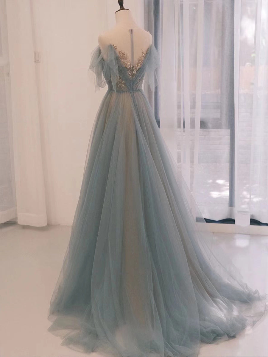 Gray Blue Long Tulle Prom Dress with Sequin and Lace Details Gray Blue Long Tulle Prom Dress with Sequin and Lace Details