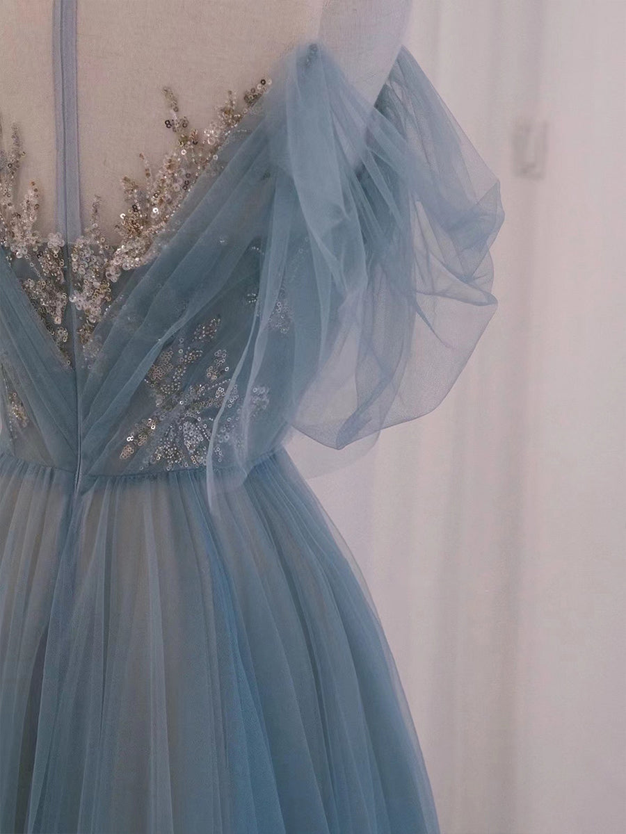 Gray Blue Long Tulle Prom Dress with Sequin and Lace Details Gray Blue Long Tulle Prom Dress with Sequin and Lace Details