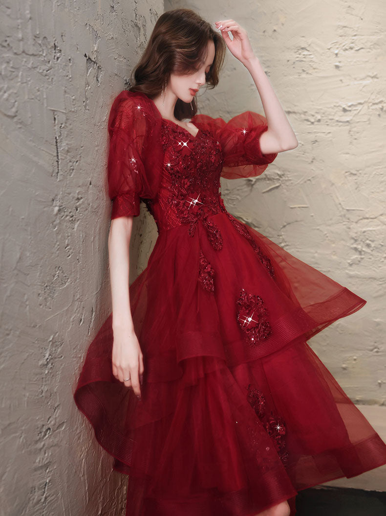 Elegant Burgundy High-Low Tulle Lace Prom Dress with Built-In Bra