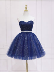 Elegant Dark Blue Sweetheart Neck Tulle Sequin Short Prom Homecoming Dress
