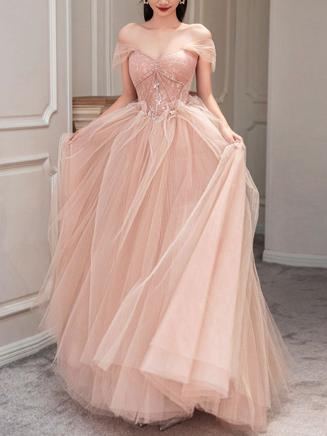 Pink Sweetheart Neck Tulle Long Prom Dress For Sweet 16