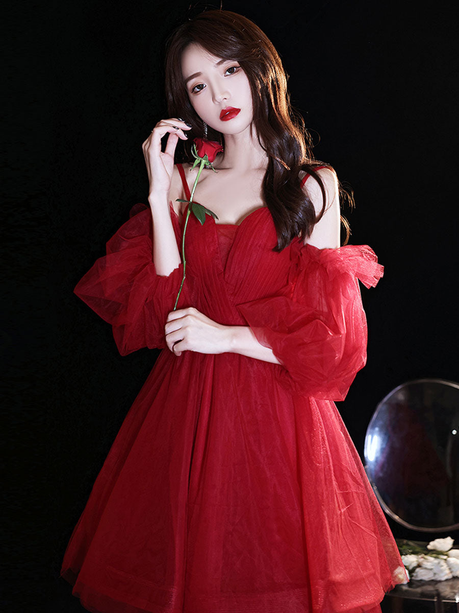 Elegant Red Sweetheart Neck Tulle Short Prom Dress for Homecoming