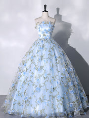 Elegant Blue Tulle Lace Long Prom Dresses for Sweet 16