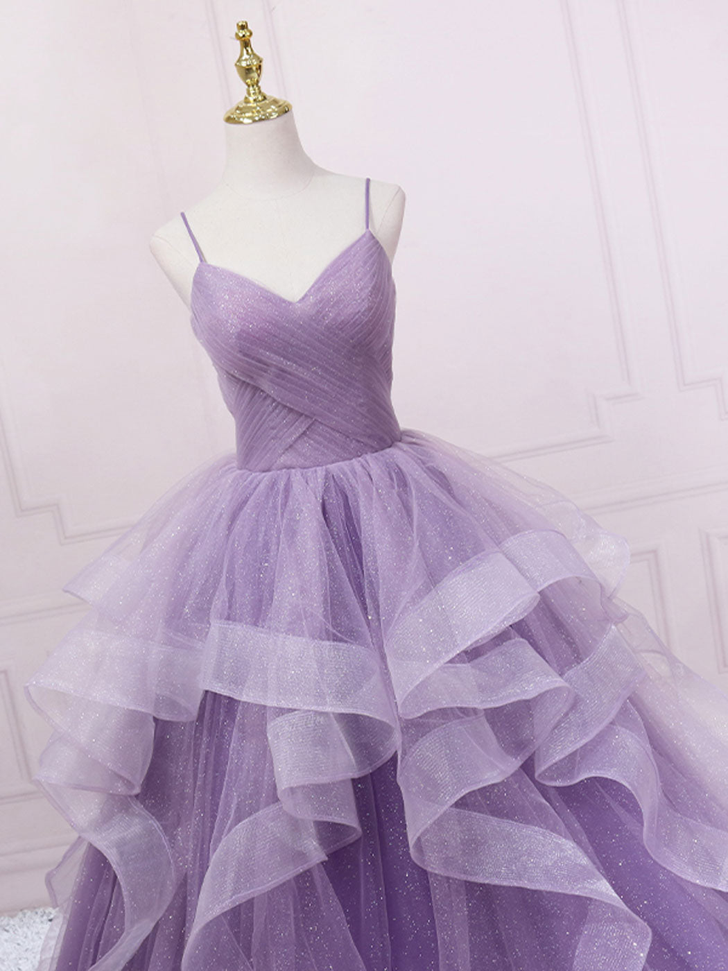 Elegant Purple V‑Neck Tulle Sequin Floor‑Length Prom Dress