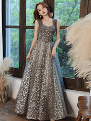 Elegant Gray A-Line Tulle Beaded Floor-Length Prom Dress with Lace-Up Back
