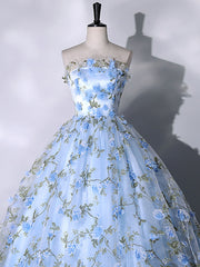 Elegant Blue Tulle Lace Long Prom Dresses for Sweet 16
