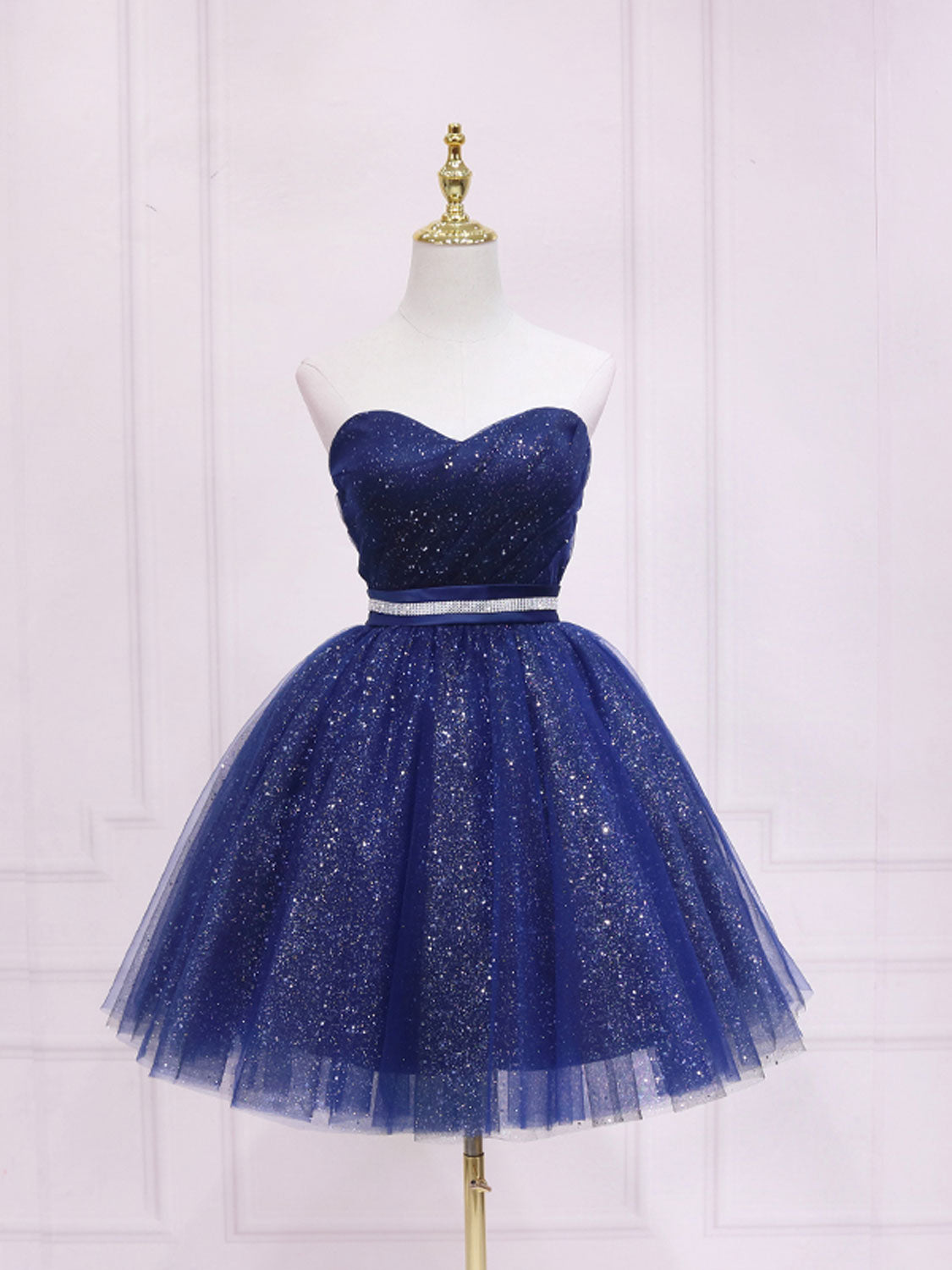 Elegant Dark Blue Sweetheart Neck Tulle Sequin Short Prom Homecoming Dress