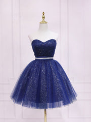 Elegant Dark Blue Sweetheart Neck Tulle Sequin Short Prom Homecoming Dress