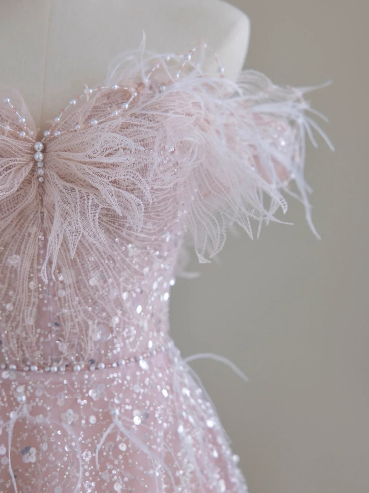 Off Shoulder Feather Pink Glitter Prom Dress - DollyGown