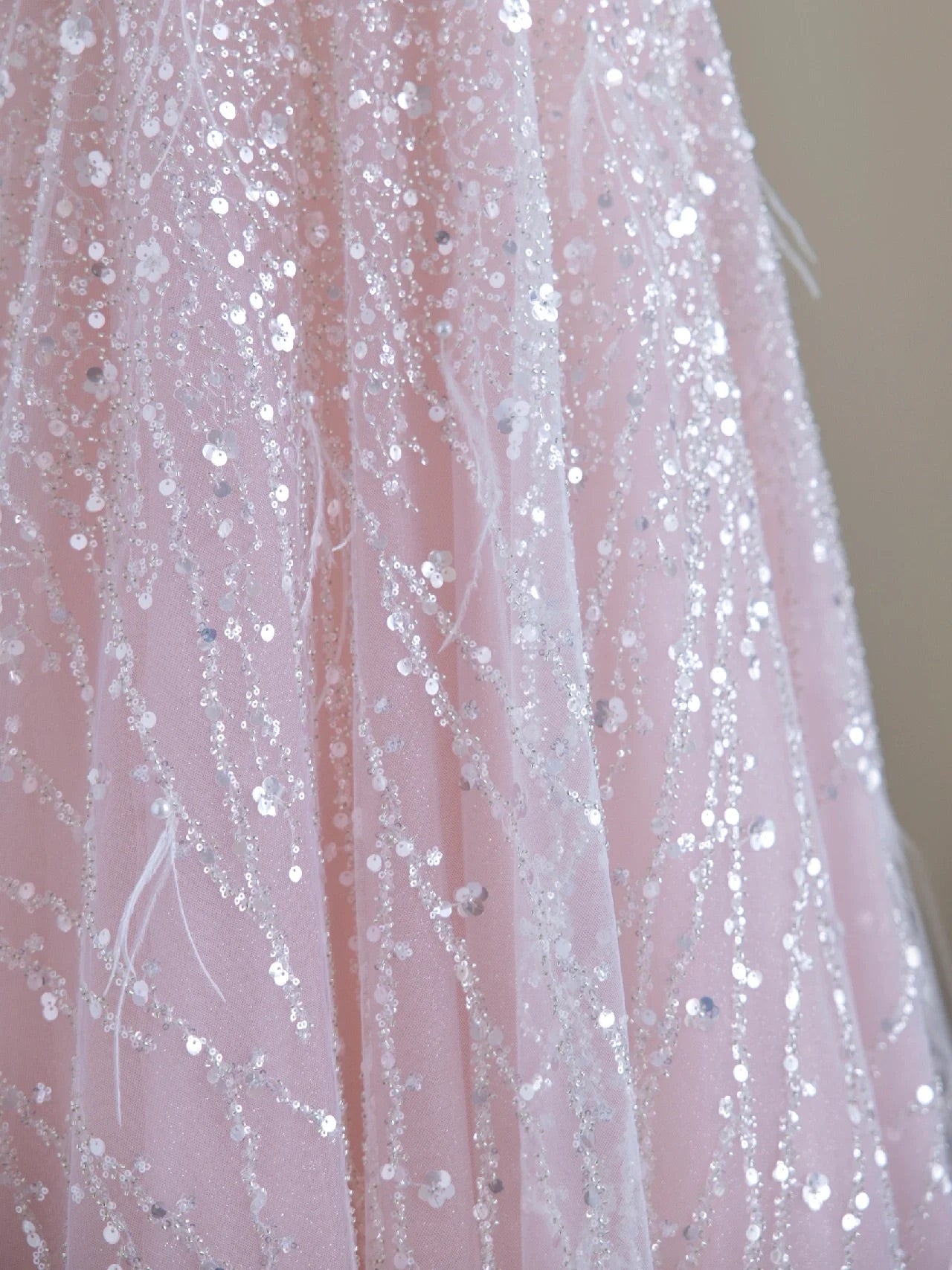 Off Shoulder Feather Pink Glitter Prom Dress - DollyGown