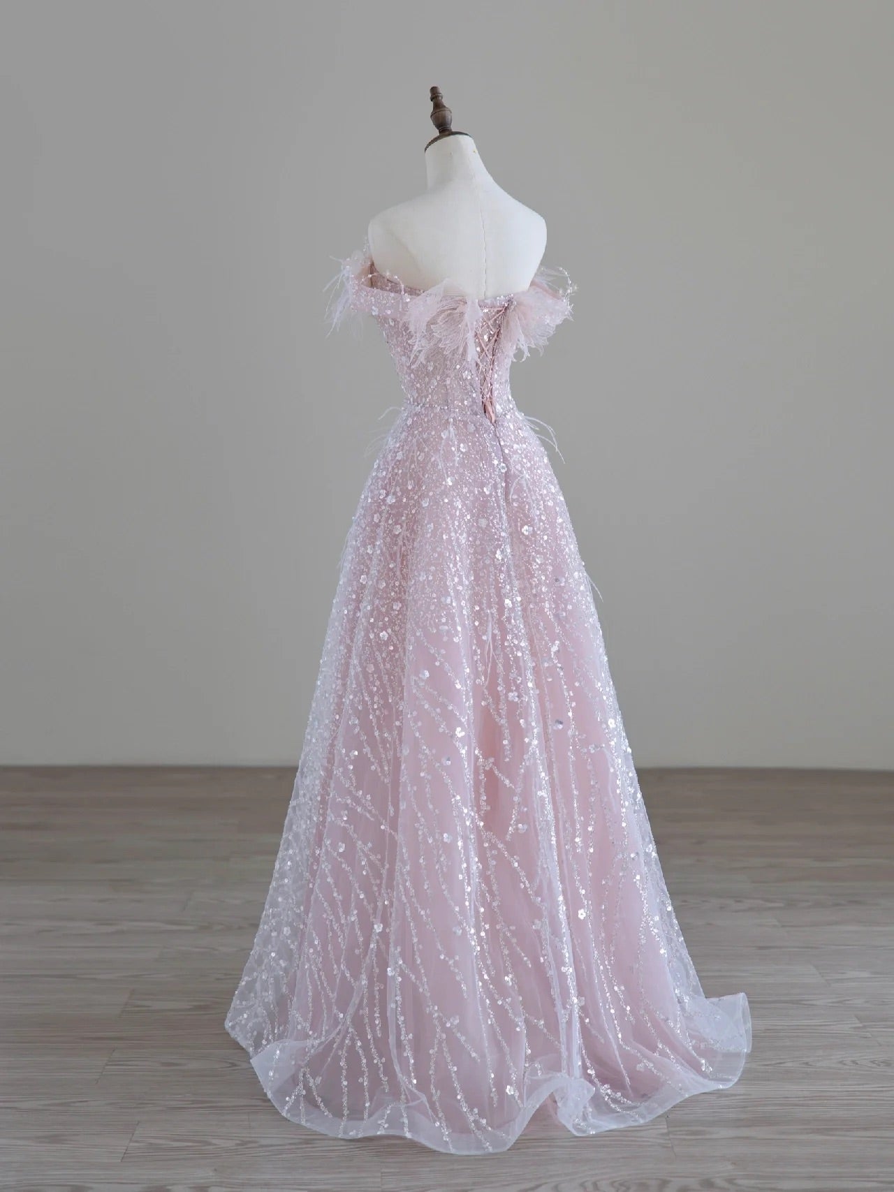 Off Shoulder Feather Pink Glitter Prom Dress Off Shoulder Feather Pink Glitter Prom Dress