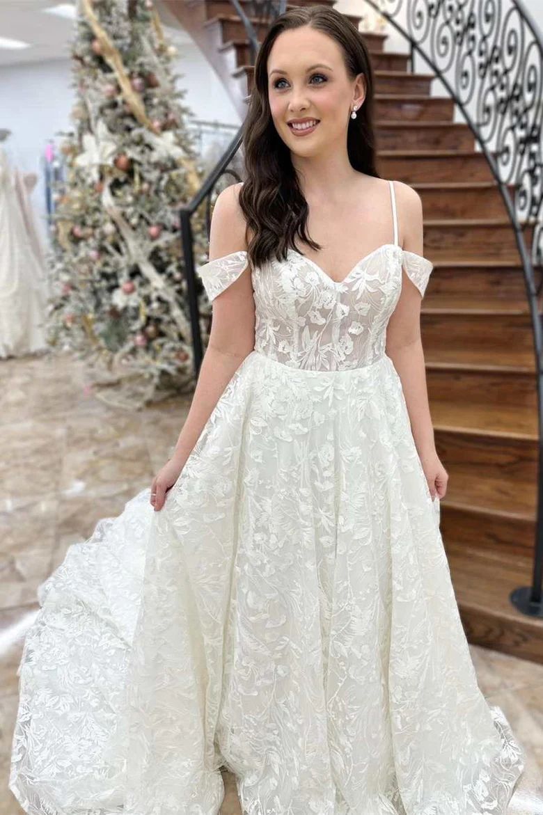Off Shoulder Lace A-Line Wedding Dress - DollyGown