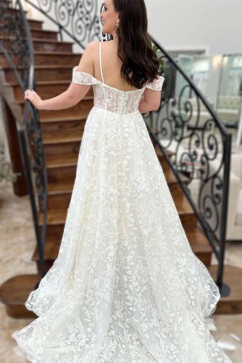 Off Shoulder Lace A-Line Wedding Dress - DollyGown