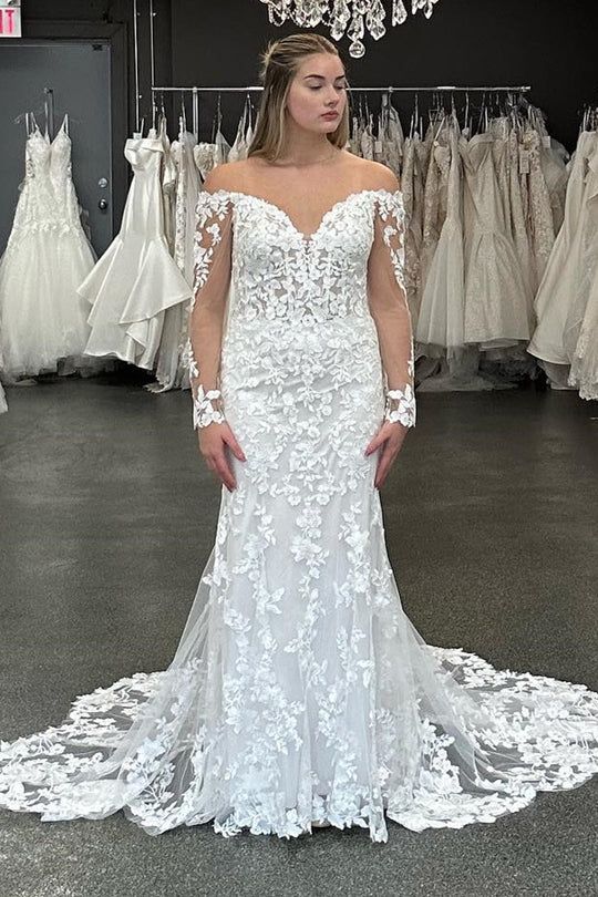 Plus Size Off Shoulder Long Sleeved Lace Wedding Dress - DollyGown