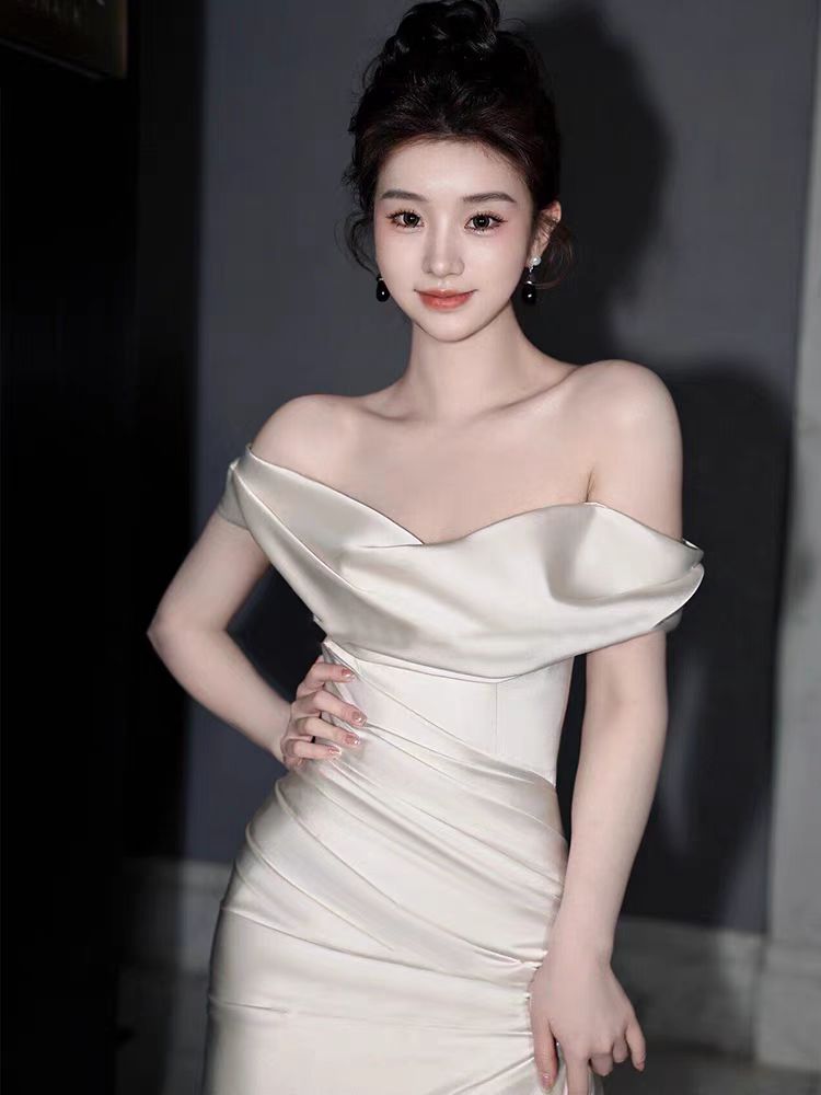 Off The Shoulder Fit and Flare Pure Silk Wedding Dress with Court Train