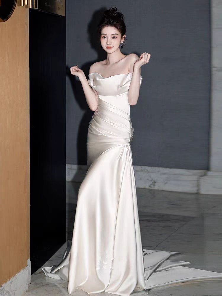 Off The Shoulder Fit and Flare Pure Silk Wedding Dress with Court Train
