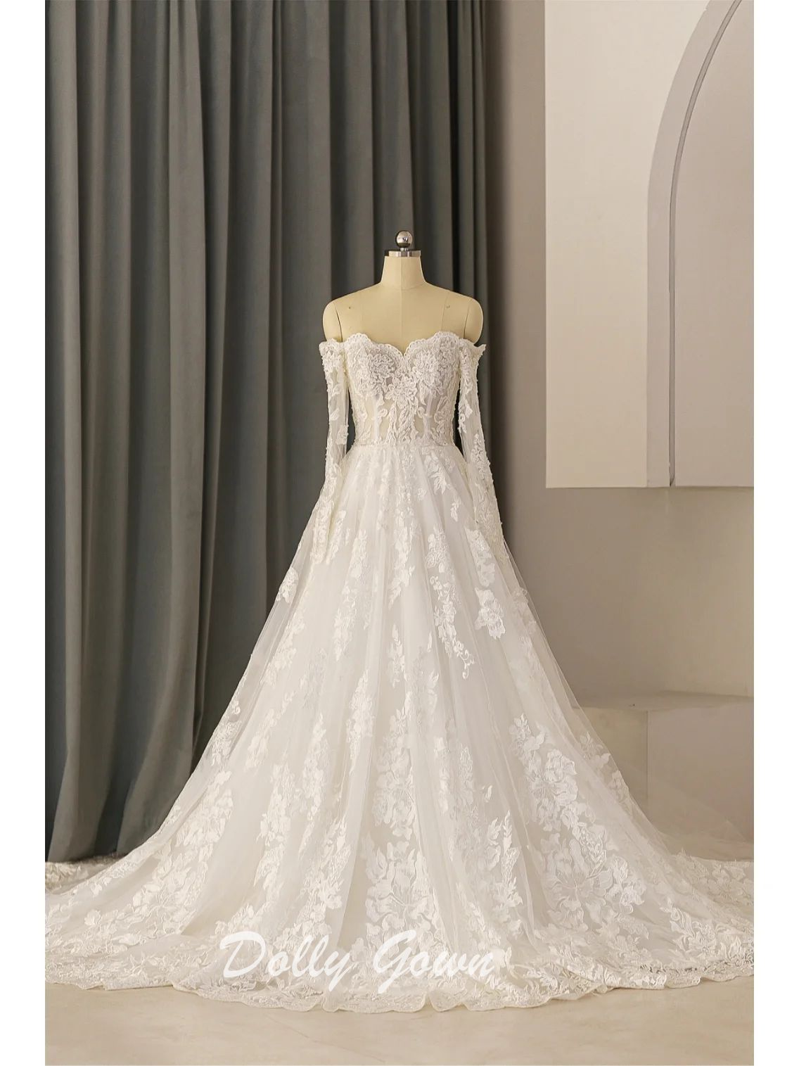 Off The Shoulder Lace A-line See Through Long Sleeve Wedding Dress - DollyGown
