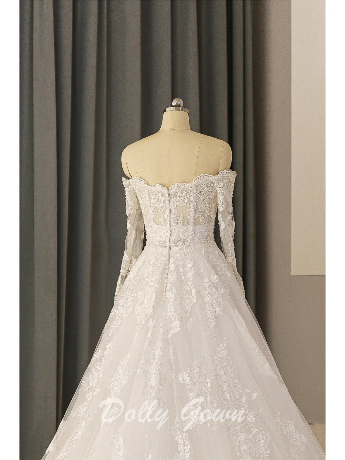Off The Shoulder Lace A-line See Through Long Sleeve Wedding Dress - DollyGown