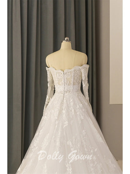 Off The Shoulder Lace A-line See Through Long Sleeve Wedding Dress - DollyGown