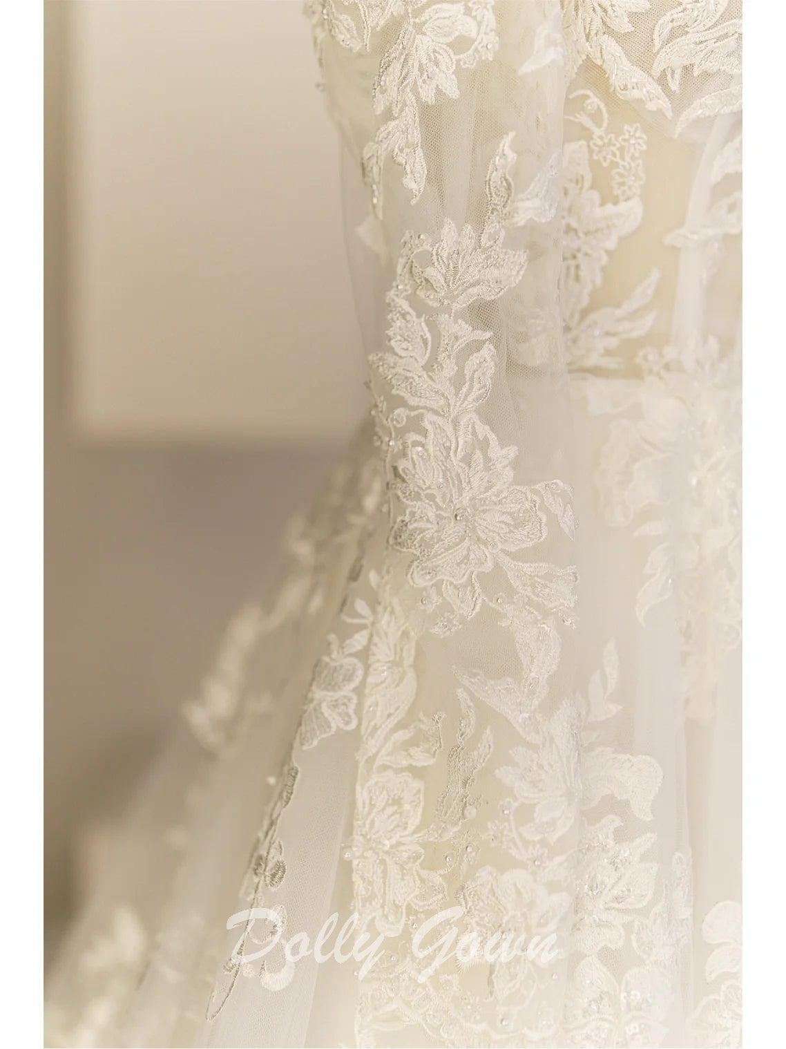 Off The Shoulder Lace A-line See Through Long Sleeve Wedding Dress - DollyGown