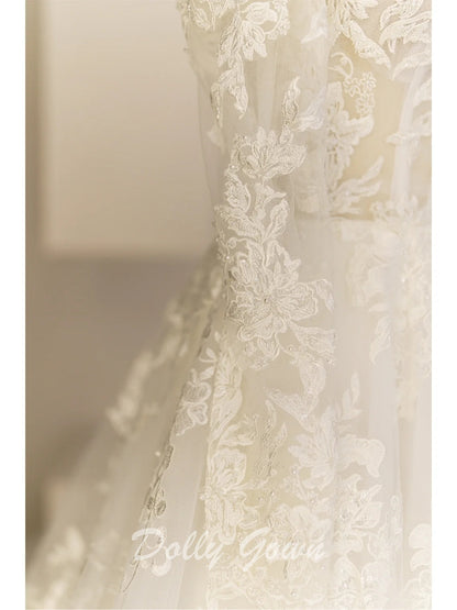 Off The Shoulder Lace A-line See Through Long Sleeve Wedding Dress - DollyGown