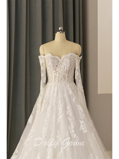 Off The Shoulder Lace A-line See Through Long Sleeve Wedding Dress - DollyGown