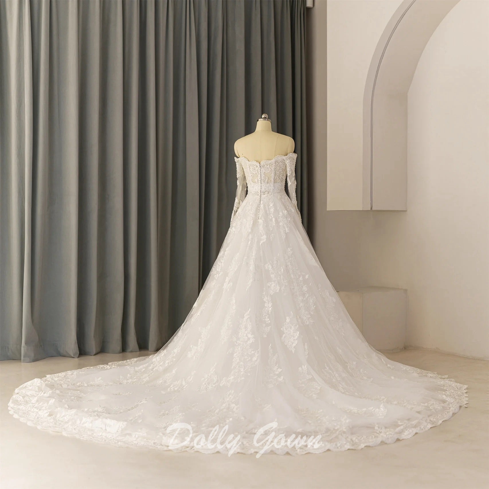 Off The Shoulder Lace A-line See Through Long Sleeve Wedding Dress - DollyGown