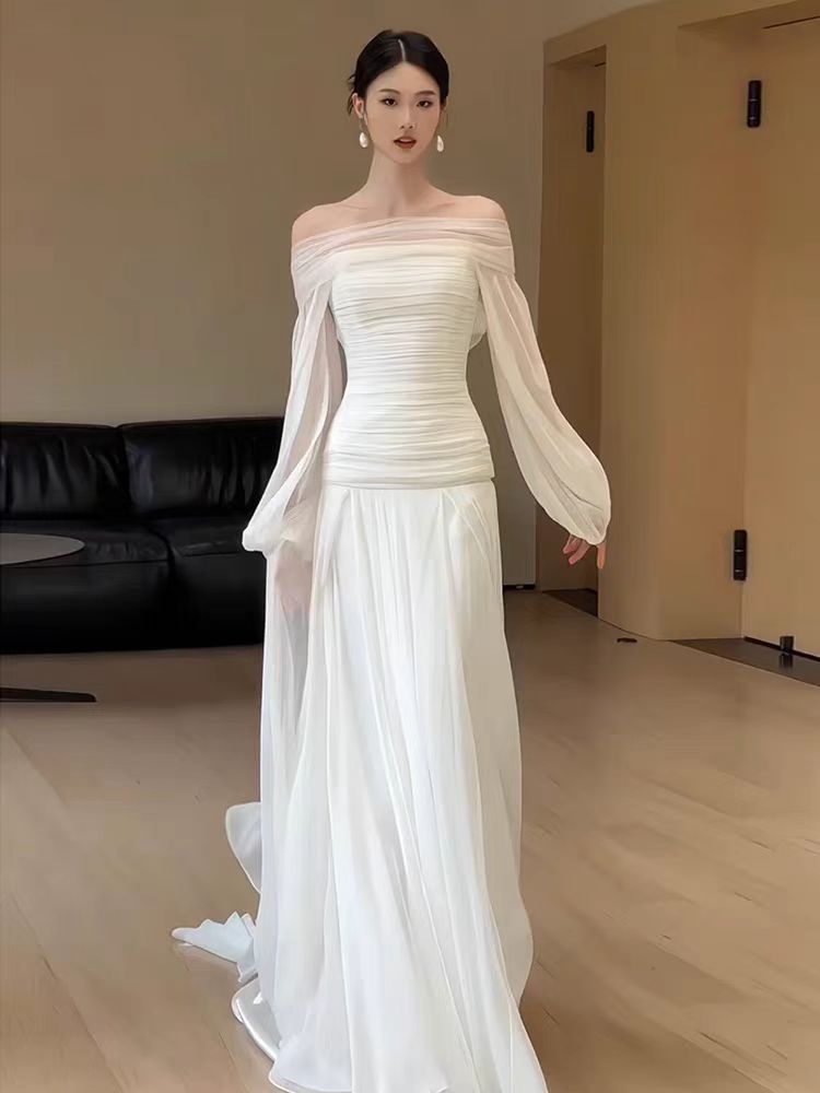 Off The Shoulder Pleated 100% Silk Chiffon Wedding Dress with Long Bubble Sleeves