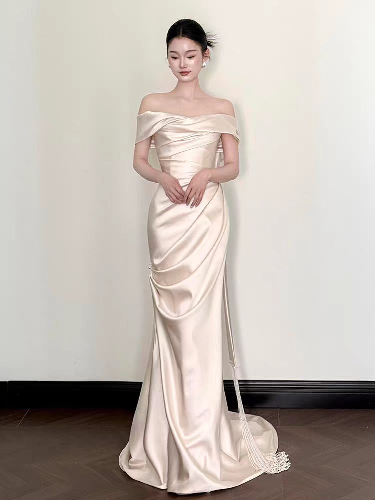 Simple Off the Shoulder Asymmetrical Silk Satin Wedding Dress