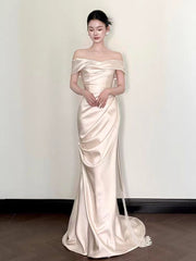 Simple Off the Shoulder Asymmetrical Silk Satin Wedding Dress