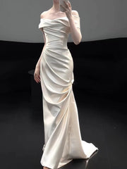 Simple Off the Shoulder Asymmetrical Silk Satin Wedding Dress