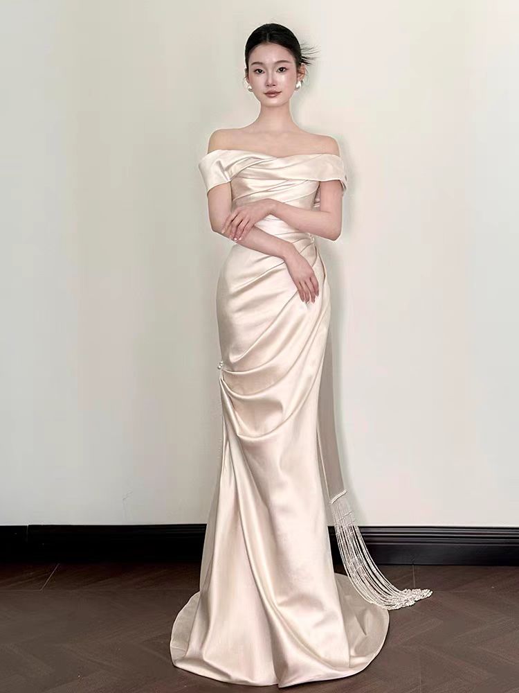 Simple Off the Shoulder Asymmetrical Silk Satin Wedding Dress