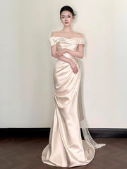 Simple Off the Shoulder Asymmetrical Silk Satin Wedding Dress