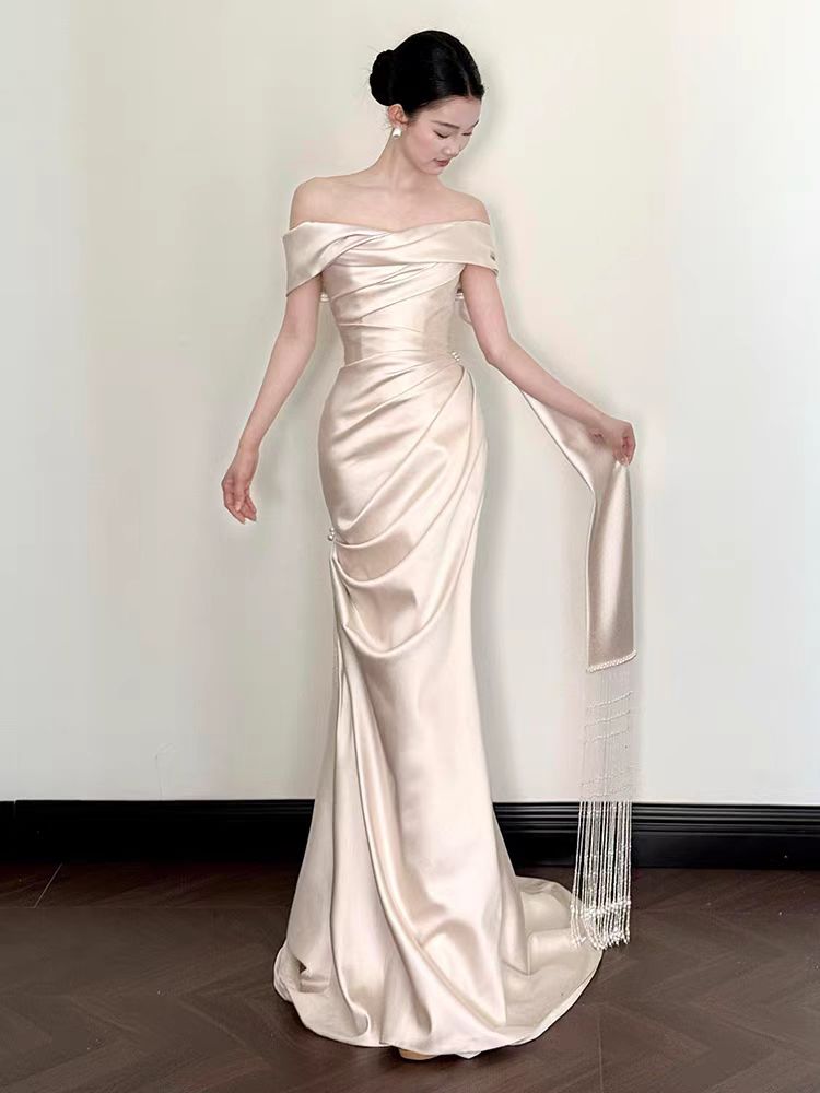 Simple Off the Shoulder Asymmetrical Silk Satin Wedding Dress