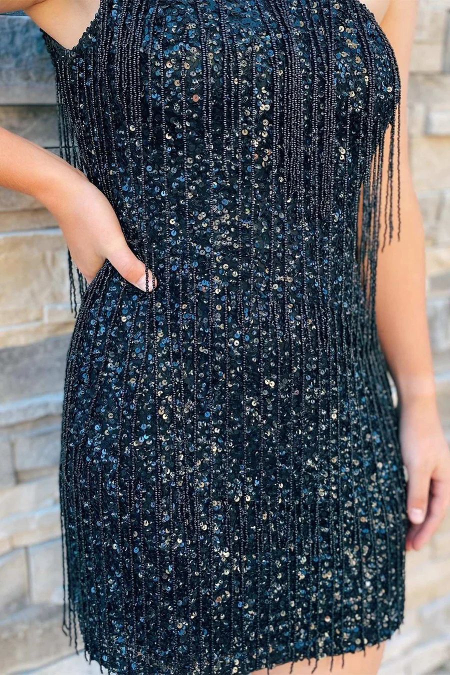 One Shoulder Bead Tassels Black Sequins Homecoming Dress - DollyGown