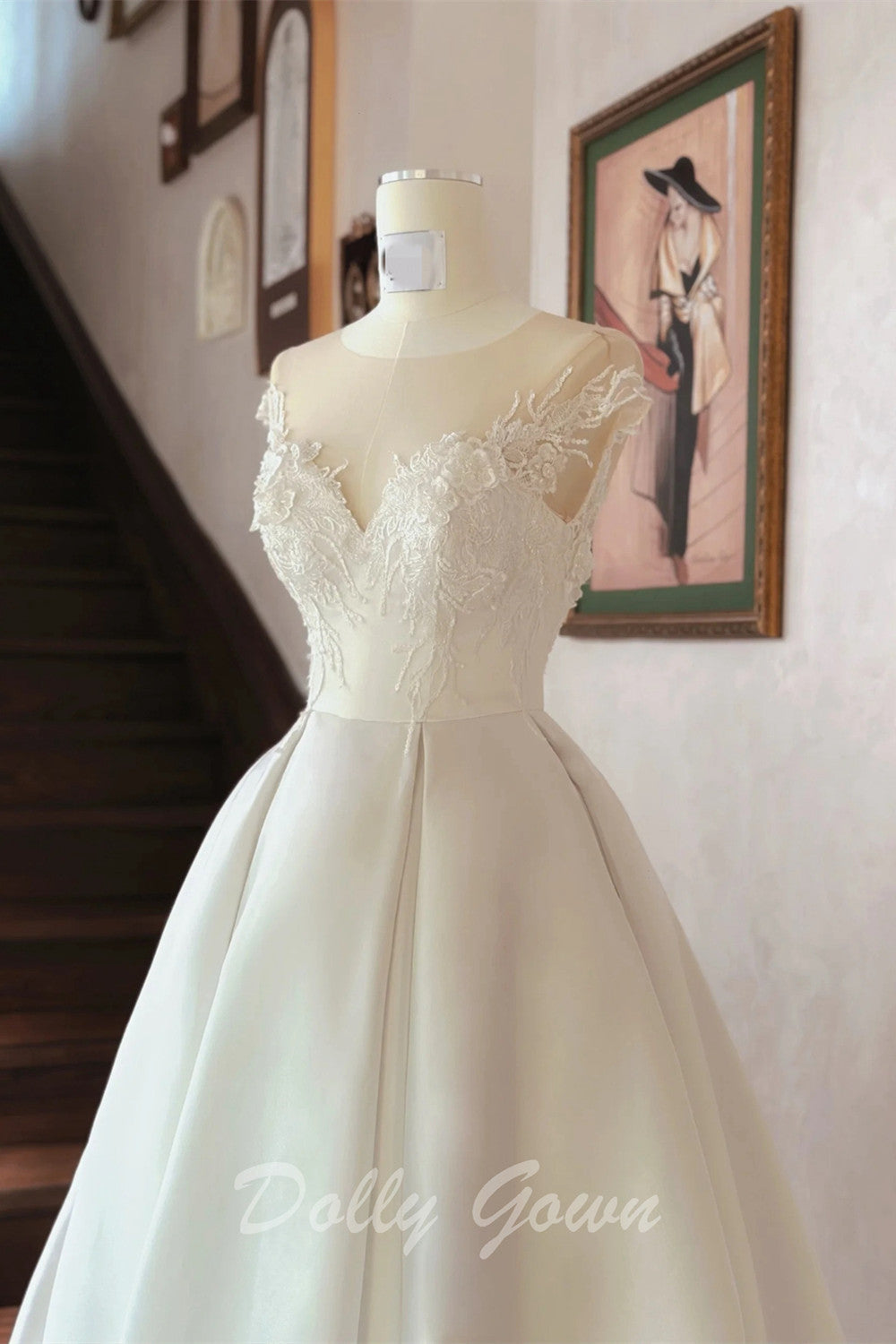 Open Back Illusion Neck Satin Bridal Wedding Dress - DollyGown