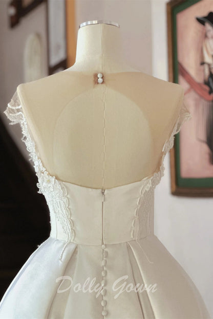 Open Back Illusion Neck Satin Bridal Wedding Dress - DollyGown