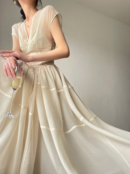 Petite Champagne Cap Sleeves Midi Dress - DollyGown