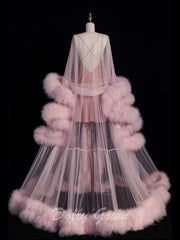 Pink Long Marabou Fur Edge Robe with Slip Dress - DollyGown