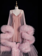 Pink Long Marabou Fur Edge Robe with Slip Dress - DollyGown