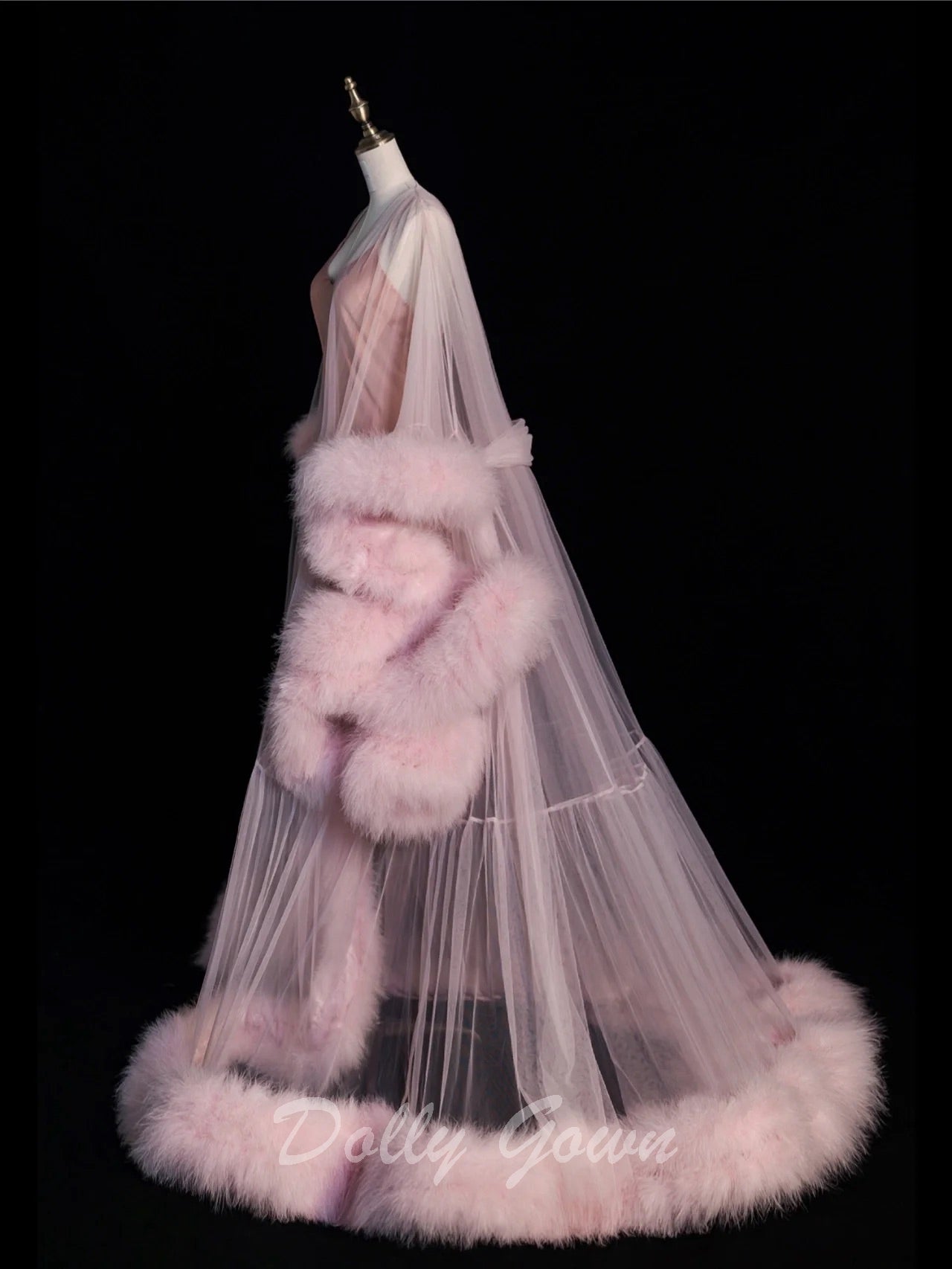 Fur Robe Bottom Half Pink Long Marabou Fur Edge Robe with Slip Dress