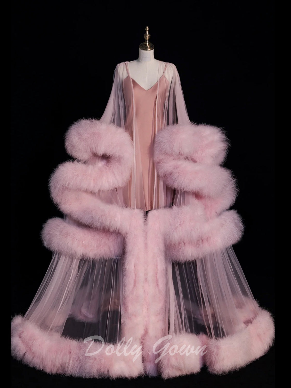 Pink Long Marabou Fur Edge Robe with Slip Dress Pink Long Marabou Fur Edge Robe with Slip Dress