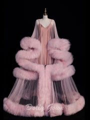 Pink Long Marabou Fur Edge Robe with Slip Dress - DollyGown